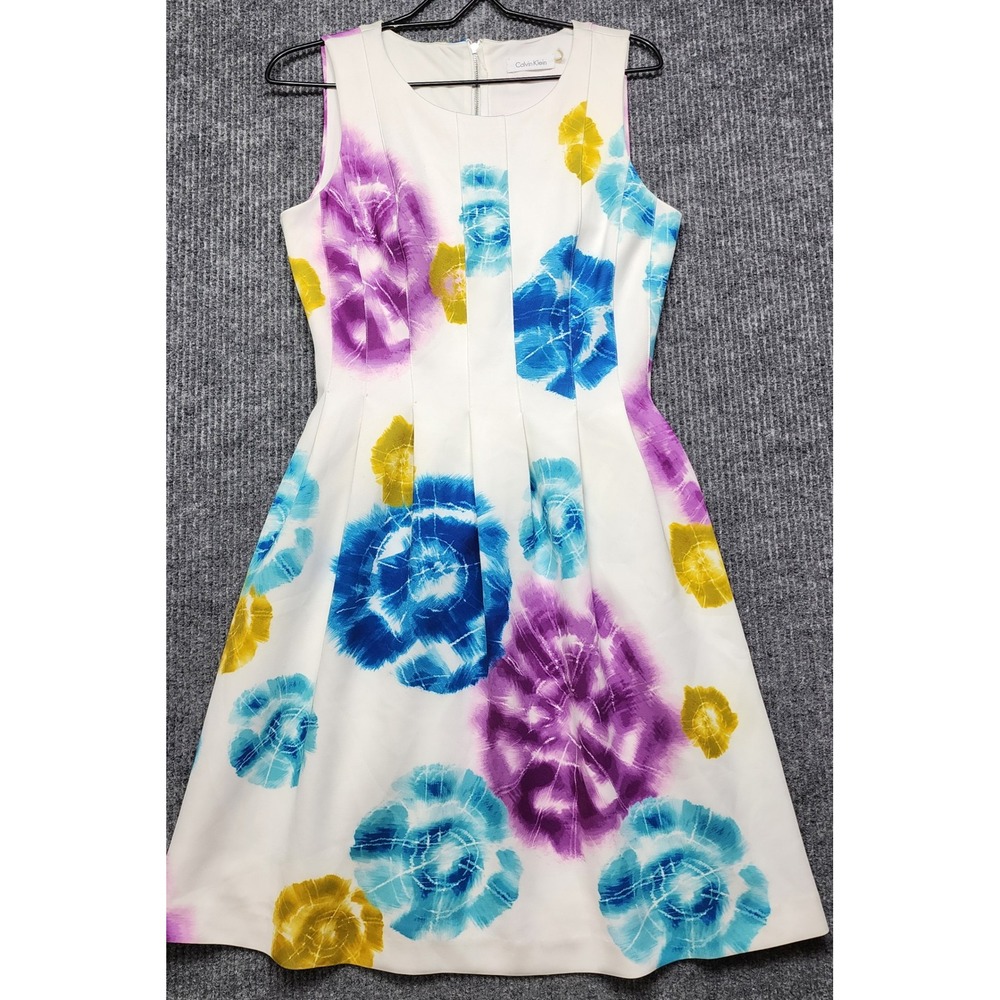 Calvin Klein White Blue Purple Floral Scuba Fit Flare Dress Size 2
